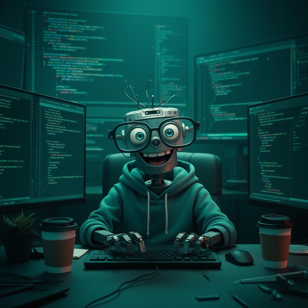 Personagem robô representando uma IA assistente de desenvolvimento